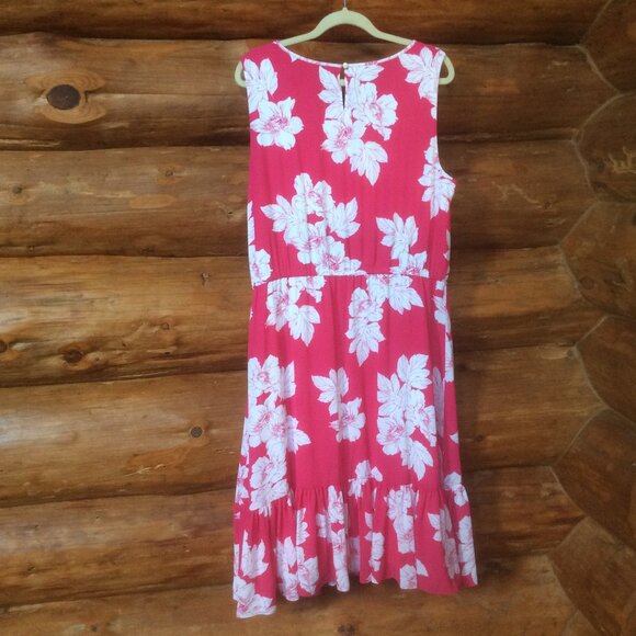 Talbots Bright Pink/White Floral Sleeveless Lined Ruffled Hem Midi Dress Size 16 - Picture 3 of 5